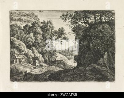 Zwei Gebäude am Fuße eines Berges, Anthonie Waterloo, 1630 - 1717 gedruckt es gibt links zwei Gebäude, möglicherweise ein Haus und eine Kapelle, am Fuße eines mit Bäumen bedeckten Berges. Vieh weidet auf dem Berg. Links vorne läuft eine Figur über einem Pfad. Es gibt ein Dorf oder eine Stadt in der Ferne. Amsterdam (möglicherweise) Papier, das Gesteinsformationen ätzt. Berge. Dorf. Kirche (außen) - QQ - kleine Kirche, Kapelle. Ländliche Wohnungen, z. B. Landhaus, Villa, Ferienhaus. "unterwegs", Reisende unterwegs Stockfoto