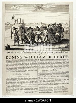 Französischer Cartoon über den angeblichen Tod von Willem III., 1690, Anonym, 1690 gedruckte Reproduktion des französischen Cartoons über den angeblichen Tod von Wilhelm III. Während der Schlacht am Boyne am 11. Juli 1690. Trauerprozession, bei der der Leichnam des toten Wilhelm III. Auf einer Bahre getragen wird, zuerst George Savile, erster Marquis von Halifax, mit einer Fackel, gefolgt von den Trägern: Bischof Gilbert Burnet, Charles Talbot, zwölfter Graf von Shrewsbury, Everhard van Weede van Dijkvelt und der Graf von Portland. Hinter dem Baar die Prinzessin von Orange, ein Holländer, ein Engländer, ein Schütze und ein Ire. Hinten links Stockfoto