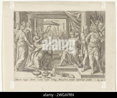 Salomon empfängt die Königin von Seba, Hans Collaert (I) (zugeschrieben), nach Jan Snellinck (I), 1643 Druck die Königin von Seba kniet für den Salomos Thron. Hinter ihr ist ihr Gefolge. Geschenke werden im Vordergrund angezeigt. Unter der Show ist ein Hinweis auf den Bibeltext in 1 Kon in lateinischer Sprache zu sehen. 10. Amsterdamer Papierstich Salomo und die Königin von Saba (1 Könige 10:1-3; 2 Chroniken 9:1-9) Stockfoto