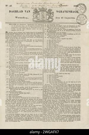 Dagblad van’s Gravenhage, 13. August 1828, P. E. Van Staden, 1828 Textblatt Kopie des Dagblad van’s Gravenhage am Mittwoch, 13. August 1828 mit dem Programm der Taufzeremonie von Prinzessin Louise van Oranje-Nassau, erster Tochter von Prinz Frederik von Oranje-Nassau, am 18. August. Doppelt gefaltetes Blatt, auf allen vier Seiten bedruckt. An der Spitze des Stadtwappens von den Haag. Der Haager Papier-Buchdruck, der den Haag druckt Stockfoto