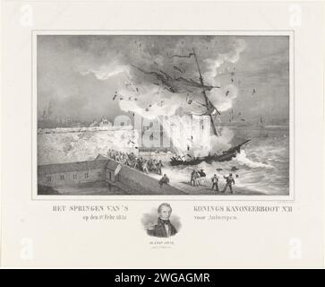 JAN VAN SPEIEK's Kanonenboot, 1831, 1831 Print Ansicht auf der Schelde mit der Kanone in der Luft von Jan van Speijk, 5. Februar 1831. Im Vordergrund der Öffentlichkeit am Kai. Unten am Rand ein Porträt von Van Speijk. Siehe auch Hängegerät. Niederlande Papiermarineblau (+ Segelschiffe). Schießpulver-Katastrophe. Selbstaufopferung, Tod im Dienste eines höheren Zwecks Antwerpen. Waagen Stockfoto