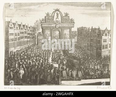 Erepoort gegründet am Ort in den Haag, 1691, 1691 Druck Erepoort gegründet am Ort in den Haag, für die Ankunft von König Wilhelm III. In den Haag, 5. Februar 1691. Auf dem Bogen steht das Motto: Soloque Saloque. Nummeriert oben links: 4 und oben rechts: FO 13. Nord-Niederlande Papierätzung Triumphbogenplatz Stockfoto