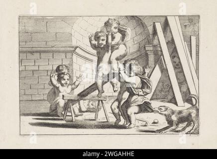 Spielen Sie auf einer Wippe, anonym, nach Louis Testelin, 1673 - 1709 drucken Putti auf einer Wippe spielen. Rechts zieht ein Hund die Kleider eines von ihnen. Im Hintergrund eine Wand mit einer Nische. Rechts versteckt sich hinter ein paar Regalen ein Putto. Druckerei: Low CountriesAfter Design by: Parispublisher: Amsterdam Papier Ätzen / Gravur Cupids: 'amores', 'amoretti', 'Putti'. Wippe. Hund Stockfoto