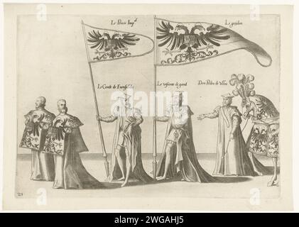 Teil der Parade, nein 21, 1619 drucken fünf Teilnehmer der Parade, ein Pferd und die imperialen Banner. Teil der Druckserie der Trauerprozession von Kaiser Karel V. am 29. Dezember 1558 in Brüssel. Südholland Papierätzung / Gravur Cortege, Trauerprozession Brüssel Stockfoto