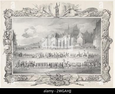 Einzug von Hertog Jan van Beieren in Leiden am 18. August 1420 von den Leiden Studenten am 8. Februar 1840, 1840 Druck historisch kostümierte Prozession der Studenten der Hochschule Leiden am 8. Februar 1840, um das 265-jährige Jubiläum der Universität zu feiern. Gegenstand der historischen Prozession und Maskerade ist der Einzug von Herzog Jan van Bayern in Leiden am 18. August 1420. Imaginäre Darstellung von Leiden 1420 mit der Prozession eines Stadspleins. In einem Rahmen mit Festen, Waffen und oben auf Minerva. Druckerei: Niederlandsprinter: Niederlande Stockfoto