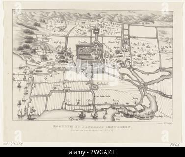 Karte von Haarlem und Umgebung während der Belagerung, 1572-1573, 1841 - 1843 drucken Karte von Haarlem und Umgebung während der Belagerung, 1572-1573. Oberhalb von Zandvoort und Nordsee, links das Haarlemmermeer. Zu einer zeitgenössischen Zeichnung. Nach Zeichnung von: Netherlandsprinter: Gorinchem Papierbelagerung, Positionskrieg. Karten von verschiedenen Ländern oder Regionen. Stadtpläne Haarlem Stockfoto