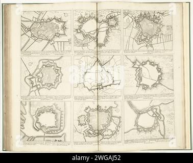 Schouwburg van den war (Seite XXXII), ca. 1700-1710, 1720-1722 Print Blatt mit neun Grundrissen verstärkter Städte. PLAD XXXII in: Schouwburg van den war (Ausgabe 1720), das Druckwerk mit der gebündelten Serie von 31 Platten über den Spanischen Erbfolgekrieg. Amsterdam Papier graviert Stadtpläne. Festung Sint-Winoksbergen. Arras. Béthune. Grevelingen. Gent. Ar. Ostende. Yperen. Condé Stockfoto