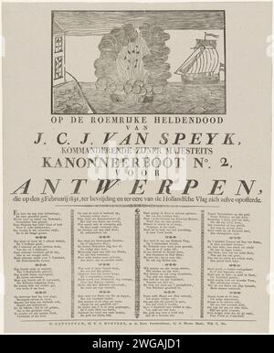 JAN VAN SPEIEK's Kanonenboot, 1831, 1831 Druck Jan van Speijks Kanonenboot auf der Schelde nach Antwerpen, 5. Februar 1831. In den Vordergrundkörpern von Opfern am Kai. Mit einem Vers in 16 Couplets. Druckerei: Netherlandspublisher: Rotterdam Papier Buchdruck Navy (+ Segelschiffe). Schießpulver-Katastrophe. Selbstaufopferung, Tod im Dienste eines höheren Zwecks Antwerpen. Waagen Stockfoto