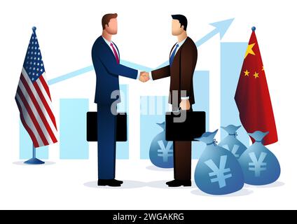 Zwei Menschen schütteln die Hand mit amerikanischer und chinesischer Flagge, Yuan-Währungssymbol auf Geldtüten und steigendem Balkendiagramm als Hintergrund, chinesische Invest Stock Vektor