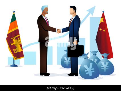 Zwei Menschen schütteln die Hand mit Sri Lanka und chinesischer Flagge, Yuan-Währungssymbol auf Geldbeuteln und Balkendiagramm als Hintergrund, chinesische Investoren, Sri L Stock Vektor
