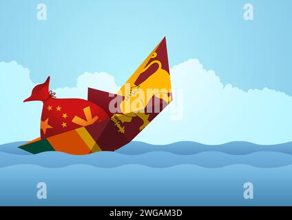 Papierschiff mit sri lanka-Insignien sinkt, weil es eine schwere Schuldenlast trägt, symbolisiert durch einen Geldbeutel mit der chinesischen Flagge und dem Yu Stock Vektor