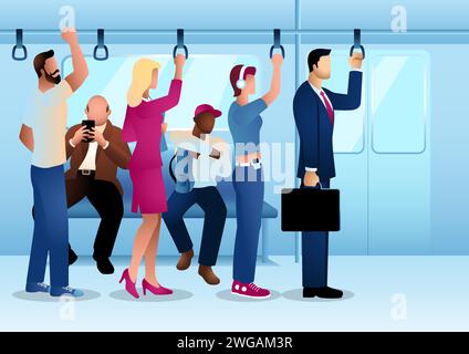 Leute, die im Zug stehen und sitzen, öffentliche Verkehrsmittel, Rush Hour, Vektor-Illustration Stock Vektor