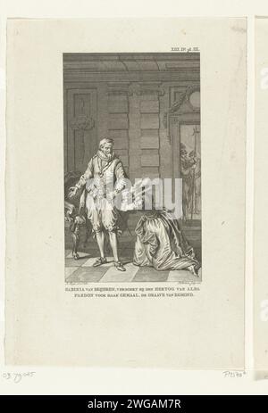 Sabina van Bavaria bittet Alva um Gnade für ihren Mann, 1568, 1785 Druck Innenraum mit kniender Frau für Mann. Sabina van Bavaria bittet den Herzog von Alva um Gnade für ihren Mann, den Grafen von Egmond, Anfang Juni 1568. Niederländische Papierätzung, die Gnade gewährt; kostenlose Begnadigung Stockfoto