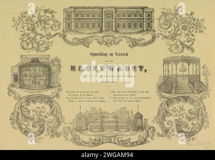 KermisStrent der Amsterdamer Nachtwache für das Jahr 1854, Friedrich Robert Prinz, 1854 Druck KermisStrent der Amsterdamer Nachtwache (Ratelwacht), September 1854. Vier Vorstellungen mit dem Gebäude, dem Eingangstor, dem Vogelkäfig und dem Musikstand von Artis, zwischen Laubstöcken. Ein Gedicht in zwei Versen. Niederlande Papier Buchdruck Nachtpatrouille. zoo (als Erholungsort) Amsterdam. Artis Stockfoto