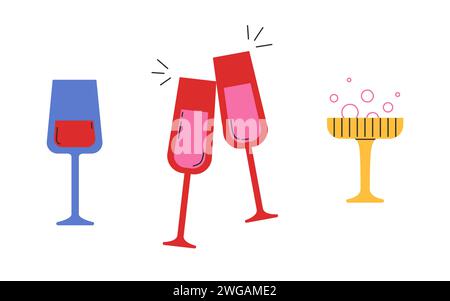 Set mit anderen Weingläsern. Für Wein und Champagner. Vektorabbildung in abgewickelter Form. Grooviger STYLE. Für Aufkleber, Karten-Design Stock Vektor