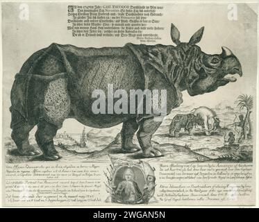 Das Nashorn Clara, kommt zu sehen!, 1747 drucken Ein Nashorn, das vor einer Landschaft steht, Assam, 1741. Rechts schießen zwei schwarze Männer mit einem Elefanten im Kampf auf ein Nashorn, andererseits fährt ein Schiff aus einem Hafen. Am Rand ein Porträt von Douwe Mout van der Meer. Oben ein Vers auf Deutsch. Mit Titeln in Latein, Französisch, Niederländisch und Englisch. Nordholland Papierätzung / Gravur / Buchdruck Huftiere: Nashörner. Stammtiere: Elefant. Tiere (+ Kampftiere; aggressive Beziehungen) Bengalen. Assam Stockfoto