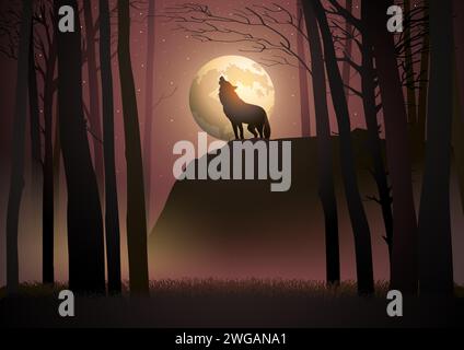 Wolf heult bei Vollmond, Vektor-Illustration Stock Vektor