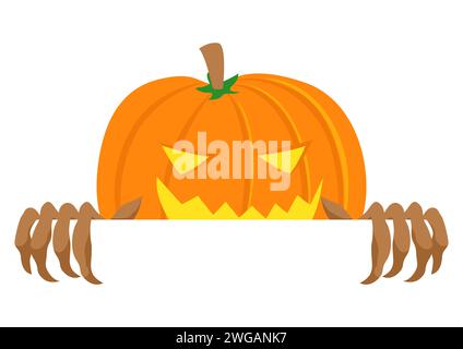 Einfache flache Zeichentrickillustration von Jack O Laterne, die hinter der Wand, Halloween, Vektor-Illustration blickt Stock Vektor