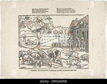 Hier sehen Sie in Dees Print / wie der Moetwil bestraft wird (...), 1725 - 1780 Print der verlorene Sohn, der aus dem Schweinestrom isst. Im Hintergrund zwei weitere Episoden aus der Geschichte mit dem verlorenen Sohn als Schweineherde und der Rückkehr des verlorenen Sohnes an seinen Vater. Zwei vierzeilige Verse über der Leistung. Nummeriert: *99. Verlag: Amsterdamprint Maker: Nord-Niederlande (möglicherweise) Papier-Buchdruck der verlorene Sohn pflegt die Schweine und isst aus ihrem Trog. Das Gleichnis vom verlorenen Sohn (Lukas 15:11-32) Stockfoto