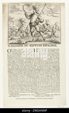 Cartoon über eine französische Niederlage in einer Seeschlacht, 1705, 1705 Print Cartoon über eine französische Niederlage in einer beispiellosen Seeschlacht (in Gibraltar?) Im Jahr 1705. Im Vordergrund ein Standardträger blindlings auf einem Horn, im Hintergrund die Seeschlacht. Auf der Zeitschrift unter dem Teller Texte in Französisch und Niederländisch. Erwähnung im Text: Veröffentlicht und am Tag nach Ostern auf der Burg von Antwerpen weitergegeben. 1705. Teil einer Gruppe von Einzelcartoons über Ludwig XIV. Während des Spanischen Erbfolgekrieges, ca. 1701-1713. Nordniederländische Papierätzung / Buchdruck politische Karikaturen und Satiren. ba Stockfoto