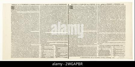 Textblatt bei der Allegorie über die Siege der Republik im Jahr 1709, 1710 Textblatt bei der Allegorie zu Ehren der Siege der Republik im Jahr 1709 mit einer Beschreibung des Feldzugs in den Niederlanden im Jahr 1709 in niederländischer und französischer Sprache, mit einer Aussage der Zahlen 1-15 in der Ausstellung Amsterdam Papier Buchdruck Stockfoto