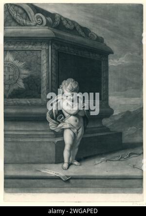 Zinnspend in Gedenken an Maria Stuart, John Smith (Druckerei/Verleger), nach Gottfried Kneller, 1695 Druckallegorische Darstellung zum Gedenken an Maria II. Stuart, starb am 7. Januar 1695. Ein trauernder Cupido ist am Grab der Königin. Mit einer lateinischen Unterschrift unter dem Druck und dem Namen auf dem Grab. Steht vor den Namen der Hersteller, der Beschriftung und dem Namen auf dem Grab. Auf dem Papierstreifen auf dem Boden steht mit Bleistift "Pastora is no more". Englische Zeitung. Bleistiftgrabbau, monumentales Grab. Trauer um die Toten. Spezifische Aspekte von Cupid Stockfoto