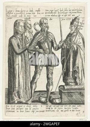 Margaretha van Parma, Granvelle und der Papst unterstützen Alvas Mission, 1567, 1572 Druck Margaretha van Parma, Granvelle und der Papst unterstützen Alvas Mission. Alva erhält ein Schwert und Geld von Paus Pius V. Granvelle hält eine Schlange mit Alvas Ohr. Sowohl oberhalb als auch unterhalb der Performance 2 Strophen mit 3 Zeilen in Niederländisch und Französisch. Nummeriert: 2. Papiergravur für niedrige Länder Stockfoto