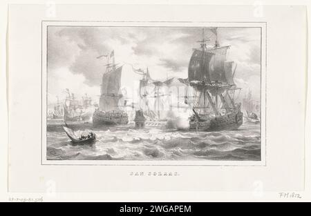 Captain Jan Solaas wird von de Ruyter während der Schlacht von Cape St. entlastet Vincent, 1641, 1850 – 1852 Drucken Captain Jan Solaas auf dem Schiff de Engel Gabriel wird während der Schlacht von Cape St. von zwei spanischen Schiffen angegriffen Vincent, aber Michiel de Ruyter erschien am 4. November 1641. Niederlande Papierschlacht (+ Marinestreitkräfte) Stockfoto