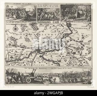 Inval of Hendrik van den Bergh in der Veluwe, 1624, 1624 PrintRAID von Graaf Hendrik van den Bergh in der Veluwe in einem Teil von Gelderland und County Zutphen und der anschließende Flug, 15-23. Februar 1624. Zentral eine Karte der Gegend um Arnheim und Zutphen, über Aufführungen der Invasion und des Rückzugs der spanischen Armee, Mord und Feuer in der Mitte der Spanier. Am Fuße des Batavieren, die Beschleunigung von Soldaten und Zivilisten, um die Spanier zu vertreiben. Ohne den Text unter der Platte. Amsterdamer Papier-Ätzkarten von verschiedenen Ländern oder Regionen. Kampf, Kampf in Stockfoto