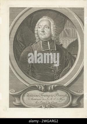 Portret Van Antoine Franis Prevost, Jacob Van the Skley, nach Georg Frodrich Schmipped, 1746 Druck Portrait des französischen Autors Antoine Francois Prevost, auch bekannt als Abbé Prévost. Er ist mit BEF in Toga gekleidet. Ein Bücherregal im Hintergrund. In der Kartusche befinden sich Name und Titel. Amsterdamer Papier-Ätz-/Gravurstudie; 'studiolo'; Bibliothek Stockfoto