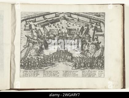 Abriss der Zitadelle von Antwerpen, 1577, 1577 - 1579 Drucken Abriss der Zitadelle von Antwerpen, 28. August 1577. Unter der Führung von Liedekercke und Bourse wird die Festung von den Einwohnern Antwerpens abgerissen. Die wallonischen Soldaten gehen auf der rechten Seite. Mit 16 Zeilen auf Deutsch. Nummeriert: 5. Kölner Papierätzung Abriss des Gebäudes Zitadelle von Antwerpen (16. Jahrhundert) Stockfoto