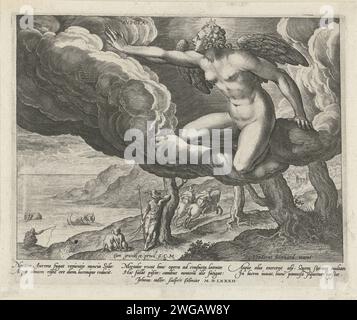 Dawn, Johann Sadeler (I), nach Dirck Barendsz., 1582 drucken die geflügelte Aurora, die Personifikation des Sonnenaufgangs in den Wolken. Sie fährt die Nacht weg. Ein Stern auf ihrem Kopf. Unter ihr eine Morgenlandschaft mit Jägern auf der Straße. Fischer auf See sind im Hintergrund geblieben. Am Rand eine lateinische Unterschrift mit einer Erklärung über die Morgendämmerung. Der Druck ist Teil einer vierteiligen Serie über die Tagesabschnitte und die menschlichen Aktivitäten, die in diesem Teil des Tages begangen werden. Kölner Papiergravur Morgen  Landschaft (manchmal auch „Aurora“ genannt). fischer. See- und Küstenfischerei. Jagen, jagen Stockfoto