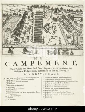 Camping in den Haag, 1742, 1742 Drucken Ansicht der großen Armee Übung das Lager in den Haag, ein Armeelager, das von den Staaten Holland und Westfriesland im Haager Wald bei den Haag gelagert wurde, 29. Mai 1742. Wird von Ansicht und Perspektive verwendet. Auf dem Blatt unter der Platte die Legende 1-24. Nordniederländische Papierätzung / Buchdrucklager (Militär) mit Zelten Haagse Bos Stockfoto