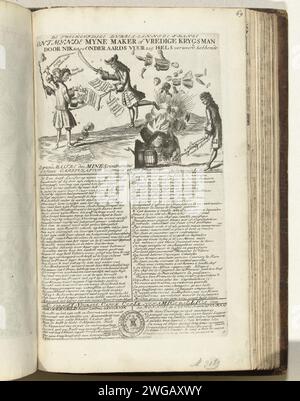 Cartoon on the French Loss of Tournai, 1709, 1710 Print Cartoon on the French Loss of Tournai to the allilies 1709. Rechts lässt ein Mann eine Mine explodieren, links ein zweiköpfiger Franzose. Mit Inschriften und Versen in Niederländisch und Französisch. Nummeriert unten rechts: 5. Teil der Vorstelyke Staat-Balans, eine Serie von 7 nummerierten Cartoons über die Franzosen im Jahre 1709 des Spanischen Erbfolgekrieges. Teil der unter dem Sammeltitel 't Lust-Hof of Momus veröffentlichten Druckarbeit mit der gebündelten Zeichentrickserie während der Jahre 1701-1713 des Spanischen Erbfolgekrieges. Amsterdamer Papierätzung politica Stockfoto