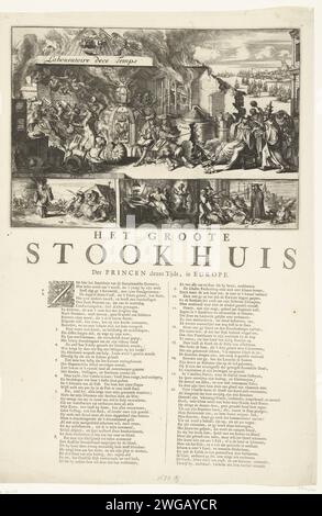 Cartoon über Jacobus II. Und Lodewijk XIV. Als Alchemisten, 1688, 1688 – 1689 Cartoon über Jacobus II. Und Lodewijk XIV. Als Alchemisten, 1688. Alchemistenwerkstatt mit einem großen Kessel, in dem das Feuer unter dem Reich. Auf der rechten Seite versucht der Papst, den Bischofskardinal vom Hut zu nehmen. Im Hintergrund die Ankunft der Flotte von Willem III Unter 3 kleinen Szenen mit der versehentlichen Kutsche von Lavardin (dem französischen Gesandten in Rom) erscheint der Teufel Pater Peters (Edward Petre) und der Geist von König Karl I., der durch die Straßen wandert. Unter der wird ein Vers in 2 Spalten mit einer Anweisung o angezeigt Stockfoto