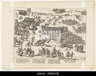Hendrik IV. Sieg in Montjoie, 1587, 1587 – 1589 Druck Sieg von König Heinrich IV. Von Navarra bei Montjoie, 20. Oktober 1587. Blick auf die Schlacht. Mit 14 Zeilen auf Deutsch. Nicht Nummeriert. Blatt von einem Album, das auseinandergenommen wurde. Rechts oben (in Pen) nummeriert: 21 (.). Kölner Papierätzkampf, Kampf im Allgemeinen Monschau Stockfoto
