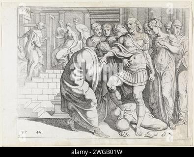 Odysseus wird von seinen Dienern, Theodoor van Thulden, begrüßt, nach Francesco Primaticcio, 1632–1633 Druck Odysseus wird von seinen Dienern begrüßt, nachdem er die Voorager und untreuen Diener von Penelope getötet hatte. Im Hintergrund kann Euryclea Penelope, die hinter ihrem Webstuhl steht, sie nach Odysseus bringen. Paris Papierätzung / Gravur Euryclea holt Penelope Stockfoto