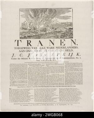 JAN VAN SPEIEK's Kanonenboot, 1831, 1831 Druck Jand Explode des Kriegsschiffs Alphen im Hafen von Curacao 1778). Unter der Platte eine Beschreibung des Ereignisses in vier Spalten und ein Vers in drei Spalten. Druckerei: Netherlandspublisher: Amsterdam Papier Buchdruck Navy (+ Segelschiffe). Schießpulver-Katastrophe. Selbstaufopferung, Tod im Dienste eines höheren Zwecks Antwerpen. Waagen Stockfoto