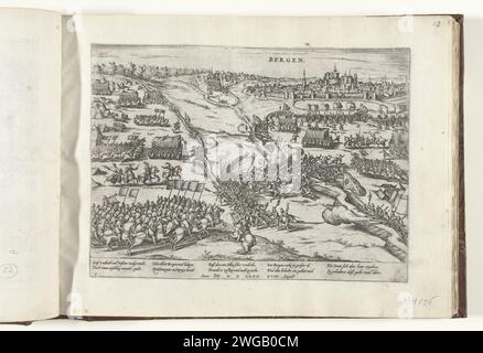 Bergen belagert von Alva, 1572, 1572 – 1574 Drucken Bergen (Mons) im Hennegau belagert von der Armee von Alva, 18. August 1572. Die Stadt wurde von den Truppen Ludwigs von Nassau besetzt. Die Armee von Willem van Oranje kommt von der Linken, um die Stadt zu erschrecken. Mit einer Unterschrift von 8 Zeilen auf Deutsch. Nummeriert: 5. Kölner Papierstich, Kampf im Allgemeinen. Belagerung, Position war Bergen (Belgien) Stockfoto