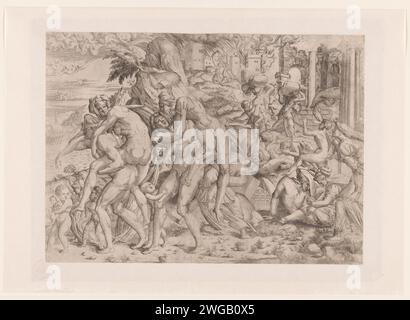 Amphinomus und Anapias retten ihre Eltern vor dem Feuer von Catania, Anonym, nach Rosso Fiorentino, 1540–1550 Druck Frankreich Papierätzung (Geschichte) Amphinomus und Anapias. Eine Person tragen Stockfoto