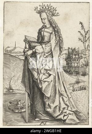 Heilige Catharina van Alexandria, Monogrammist MZ, 1500 - 1503 Druck die Heilige Catharina, stehend in einer Landschaft mit einem hölzernen Haus, einer Krone auf dem Kopf, einem Schwert und einem Buch in den Händen, einem gebrochenen Rad für die Füße. Deutschland Papier, das die jungfräuliche Märtyrerin Katharina von Alexandria graviert; mögliche Attribute: Buch, Krone, Kaiser Maxentius, Palmzweig, Ring, Schwert, Rad Stockfoto