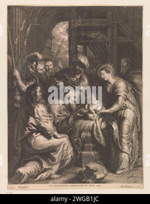 Anbetung durch die Könige, Schelte Adamsz. Bolswert, nach Peter Paul Rubens, 1596–1659 Druckschrift Anbetung des Christuskindes durch die drei Könige. Unter der Aufführung ist ein Zitat aus der Bibeltexte. 2. Dieser Ausdruck ist Teil eines Albums. Papiergravur Anbetung der Könige: Die Weisen überreichen ihre Geschenke an das Christuskind (Gold, Weihrauch und Myrrhe) Stockfoto