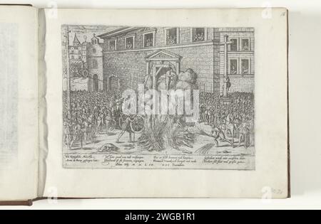 JOW VON ANNE DU BOURG, 1559, 1565 – 1573 Druckauftrag von Anne du Bourg, Paris 23. Dezember 1559 (erwähnt auf dem Druck als 21. Dezember). Du Bourg wird für eine große Menschenmenge gehängt und sein Körper verbrannt. Mit einer Unterschrift von 8 Zeilen auf Deutsch. Nummeriert: 3. Kölner Papier, das gewalttätigen Tod durch Verbrennung auf dem Scheiterhaufen ätzt; Pyre Paris Stockfoto