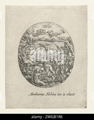 Oval mit den olympischen Göttern in den Wolken, 1608 Druck von links nach rechts: Venus und Amor, Vulkan, Quecksilber, Neptun, Minerva und Herkules. An der Spitze der musikalischen Putti. Blatt aus Serie, bestehend aus einer Titelseite und 11 Blättern mit Mustern für Uhrendeckel. Amsterdam (möglicherweise) Papier mit Gravur mehrerer Musiker mit Instrument. Die olympischen Götter zusammen: Jupiter, Juno, Neptun, Ceres, Apollo, Diana, Mars, Venus, Quecksilber, Minerva, Vulcan, Vesta (oder Bacchus) Stockfoto