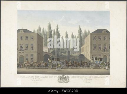 Inhuldiging van willem den 1sten te brussel, den 21. September 1815 (Trein.) / Einweihung der Guillaume 1. In Brüssel, 21. September 1815. (Corned.), 1825 - 1826 Druck feierlicher Eintritt der Prozession zur Einweihung von König Wilhelm I. in Brüssel am 21. September 1815. Zwei Hoftrainer mit je sechs Pferden. Am Ende der Titel in Niederländisch und Französisch getrennt durch die Waffe von König Wilhelm I. Teil einer Reihe von Aufzeichnungen über die Ankunft und Einweihung von Wilhelm I. in Brüssel. Brüsseler Zeitung Etching Triummphal Entry and Public Reception, Wettbewerb, 'feierlicher Eingang', 'Joyeuse Entrance' Stockfoto