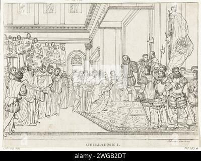 De Unie van Utrecht, 1788–1830 Print die Vertreter der niederländischen Provinzen bieten Willem van Oranje den Trakt der Union von Utrecht, 1579 an. In der Halle eines Palastes bietet ein alter Mann mit Beard Orange ein Schwert auf einem Kissen an. Rechts die Soldaten als Folge des Prinzen mit Banner und Hellebaarden. Er hinterließ Repräsentanten der Provinzen mit Spruchbändern mit den Provinzwaffen. Belgien Papierätzung Stockfoto