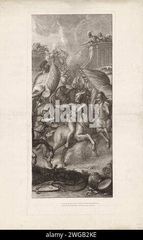 Schlacht von Arbela (Platte 4), Gérard Audran, nach Charles Le Brun, 1674 Druck Paris Papiergravur Alexander kämpfend gegen Darius bei Issus Stockfoto