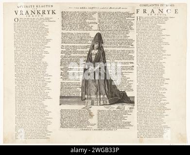 Madame de Maintenon als das beschwerende Frankreich, 1706, 1706 Druck Madame de Maintenon als das beschwerende Frankreich, hervorstehend, gekleidet wie eine Witwe. Auf dem Teller waren Verse in Niederländisch, auf dem Magazin wurden zwei Spalten in Niederländisch und Französisch gedruckt. Cartoon zur Situation im Jahr 1706 im Spanischen Erbfolgekrieg. Teil einer Serie von 25 Karikaturen über die Franzosen und Verbündeten aus dem Jahr 1706. Druckerei: Northern Netherlandspublisher: Amsterdam Papierätzung / Buchdruck politische Karikaturen und Satiren Stockfoto