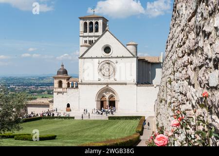 Assissi Italien 18. Mai 2011; Steinmauer und Rosenpflanzen führen zur berühmten Kirche, der Basilika des Heiligen Franziskus außen. Stockfoto