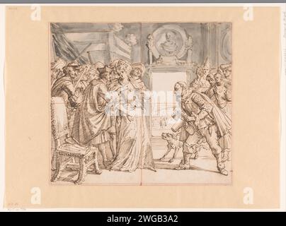 Cartoon über Ludwig XIV. Und die Verfolgung der Protestanten in Frankreich, 1689, Romeyn de Hooghe, 1689 Zeichnung La Belle Constance (die französischen Protestanten) werden von Ludwig XIV., Jesuiten und Soldaten umworben. In der Gruppe rechts mit König Jacobus II. Und der Königin mit dem armen Kind findet sie auch keine Sicherheit. Design für einen Druck. Papier. Tintenstift / Pinsel historische Personen. Historische Ereignisse und Situationen Stockfoto